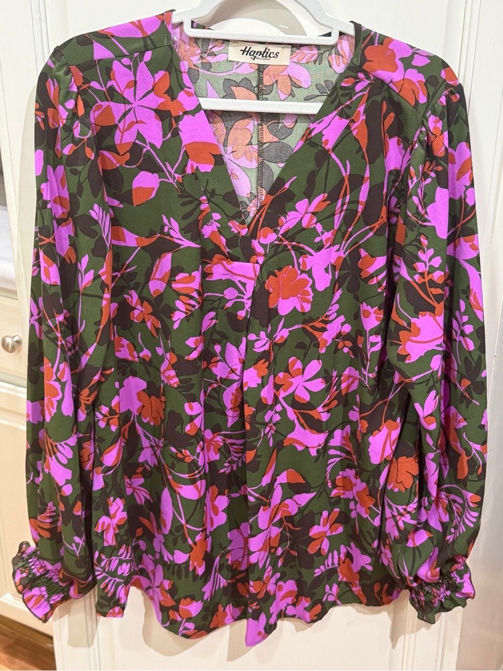 Haptics Olive Floral V-Neck Blouse with Pink & Red Print